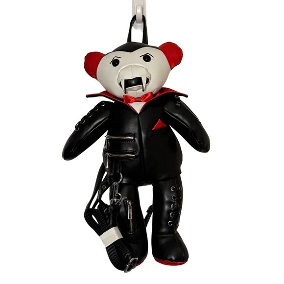 Vampire Teddy Bear Faux Leather Backpack With Red Accents & Multiple Zippers - Picture 1 of 13